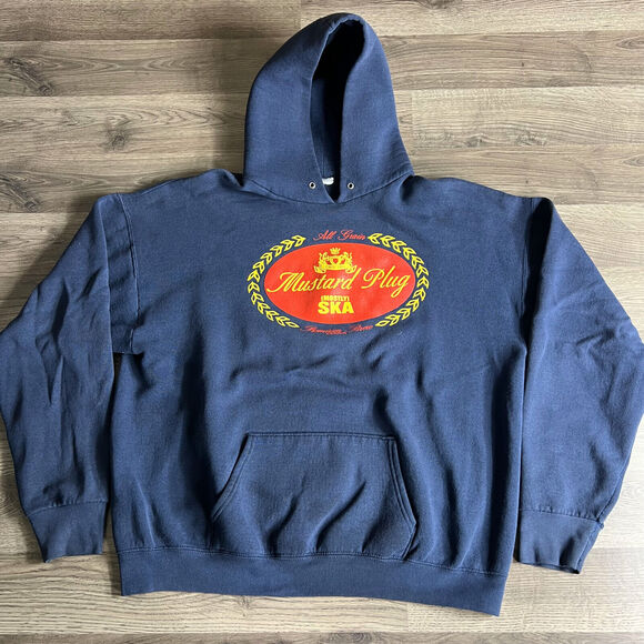 VTG Mustard Plug Hoodie Fits XL Mostly Ska Punk Band Sweatshirt 1990s Distressed - Picture 1 of 15
